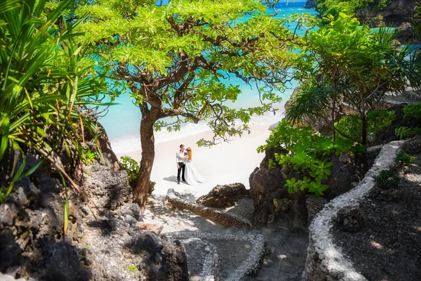 Noiva feliz e noivo se divertindo em uma praia tropical sob o p — Fotografia de Stock