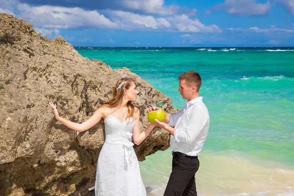 Feliz novia y novio beber agua de coco y divertirse en un tr — Foto de Stock