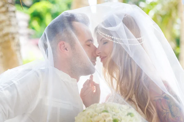 Bela noiva jovem no véu, com buquê de casamento de branco — Fotografia de Stock