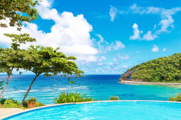 Letní pohled na přírodu z nekonečného bazénu v hotelu na tropi — Stock fotografie