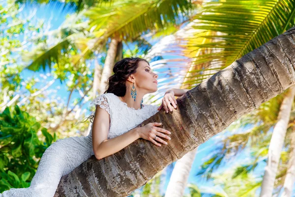 年轻美丽的新娘，在白色的婚纱礼服在棕榈树上上 — 图库照片