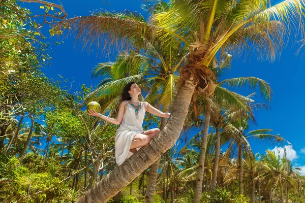 Giovane bella sposa con cocco sulla palma su una tropica — Foto Stock