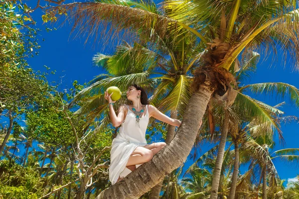 Giovane bella sposa con cocco sulla palma su una tropica — Foto Stock