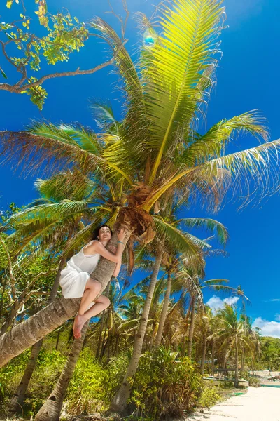 Giovane bella sposa sulla palma su una spiaggia tropicale. Trop — Foto Stock