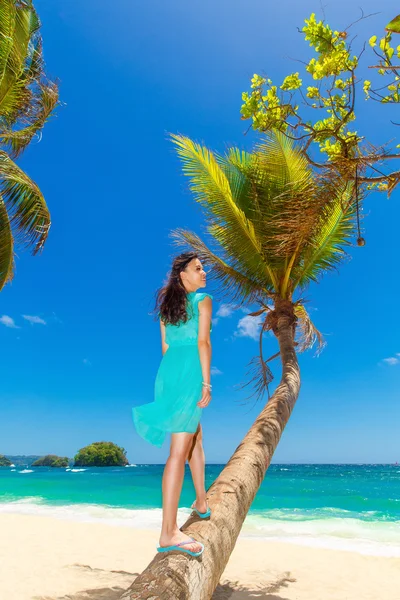 Giovane bella ragazza asiatica con noce di cocco sulla palma su una t — Foto Stock