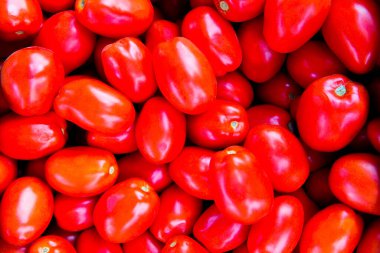 Yerel çiftçi pazarında kutularda taze kırmızı domates.