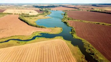 Tahıl, nehir ve tarla hasat ettikten sonra odunlu bir tarlanın ve samanların insansız hava görüntüsü. Tarım endüstrisi ve tarım sektöründe tahıl hasadı kavramı. 