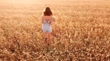 Genç ve güzel bir kız gün batımında altın olgun buğday tarlasında yürüyor..