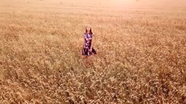 Genç ve güzel bir kız gün batımında altın olgun buğday tarlasında yürüyor..