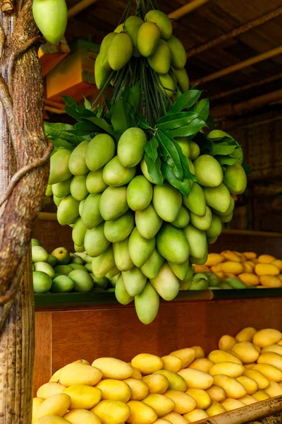 Festival de mangue. Stand avec des mangues jaunes fraîches dans le marché de rue — Photo