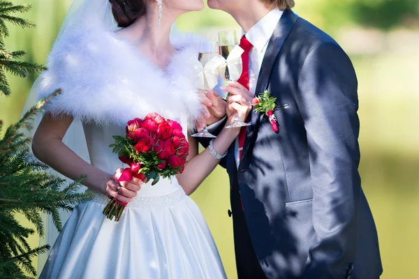 Bride and groom holding beautifully decorated wedding glasses wi — Stock Photo, Image