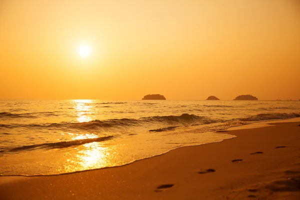 Vacker solnedgång över havet. fotspår i sanden. — Stockfoto