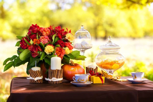 शरद ऋतू पार्क मध्ये रोमँटिक डिनरसाठी सजवलेले टेबल . — स्टॉक फोटो, इमेज