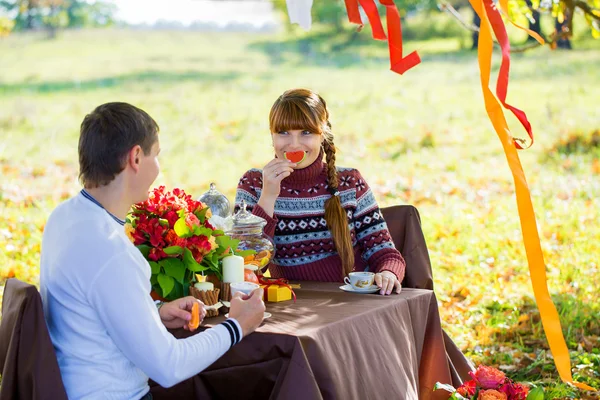 Vackra unga par ha picknick i höst park. lyckliga famil — Stockfoto