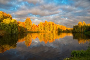 sonbahar günbatımı Park havuz.