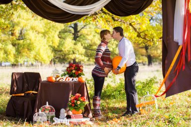 sonbahar Parkta piknik güzel genç hamile çift. ha