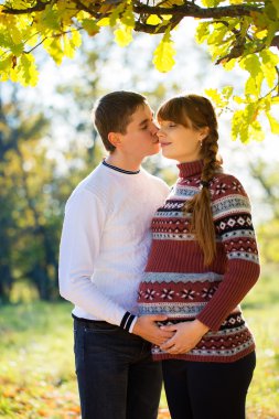 sonbahar Parkta piknik güzel genç hamile çift. ha