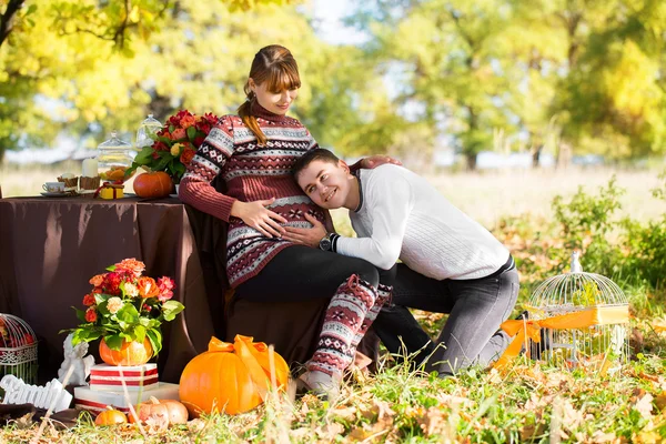 Bella giovane coppia incinta avendo pic-nic nel parco d'autunno. Ah — Stockfoto