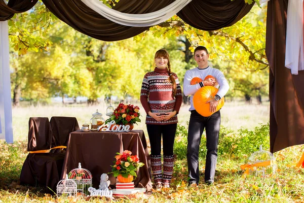 Hermosa joven pareja embarazada teniendo picnic en el parque de otoño. Ja. —  Fotos de Stock