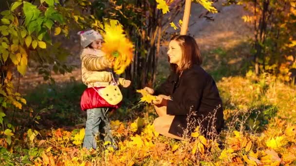Madre e hija en el parque de otoño. — Vídeo de stock