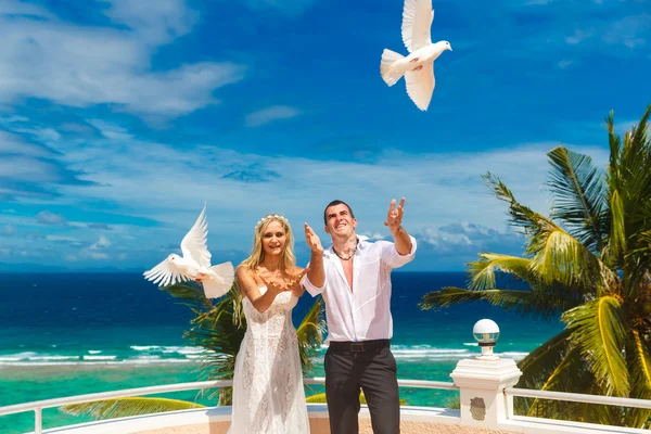 The happy bride and groom with white doves on a tropical beach u — Stock Photo, Image