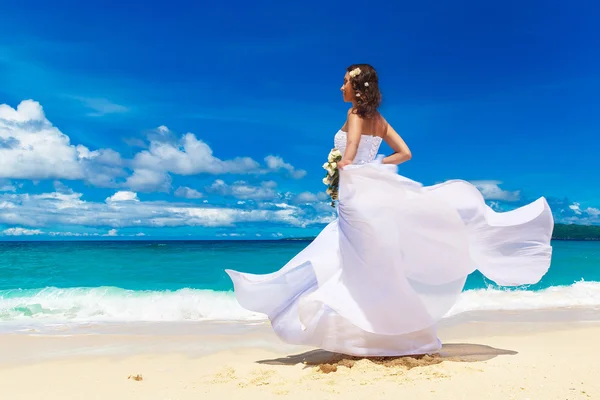 Beautiful brunette bride in white wedding dress with big long wh — Stock Photo, Image