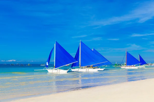 Veleros con velas azules en una playa tropical. Viaje y sumario — Foto de Stock