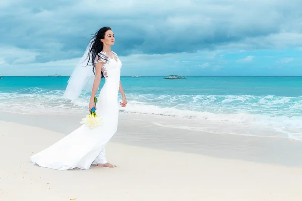 Beautiful fiancee in white wedding dress with big long white tra — Stock Photo, Image