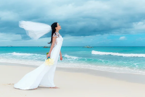 Schöne Verlobte im weißen Hochzeitskleid mit großen langen weißen tra — Stockfoto