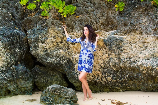 年轻漂亮的女孩在一个热带岛屿的海滩上。夏季 v — 图库照片