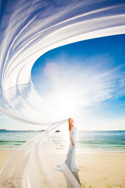 A fehér esküvői ruha és a nagy, hosszú, fehér trai gyönyörű menyasszonya — Stock Fotó