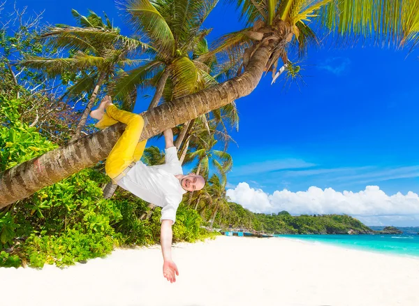 Glücklicher Mann in gelber Hose und weißem Hemd, der an einem Palmwedel hängt — Stockfoto