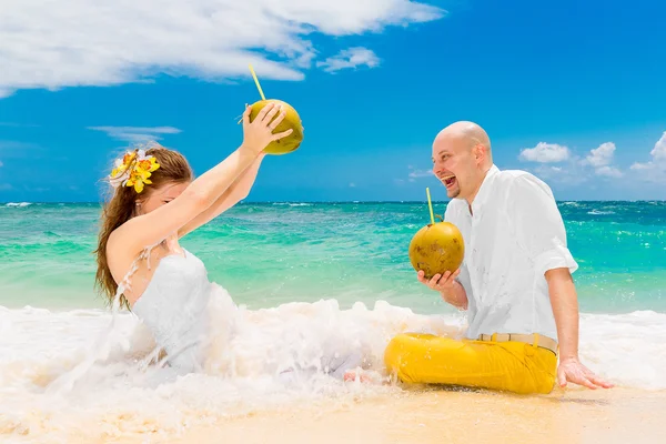 Glückliche Braut und Bräutigam trinken Kokoswasser und haben Spaß auf einem tr — Stockfoto