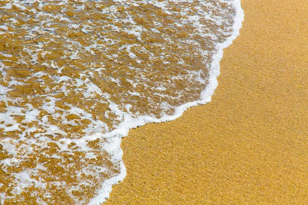 Primo piano di schiuma di mare su sabbia dorata bagnata con spazio copia — Foto Stock