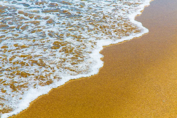 Primo piano di schiuma di mare su sabbia dorata bagnata con spazio copia — Foto Stock