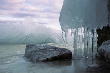 Hummocks 'un arka planında donmuş bir nehirde bir taş.