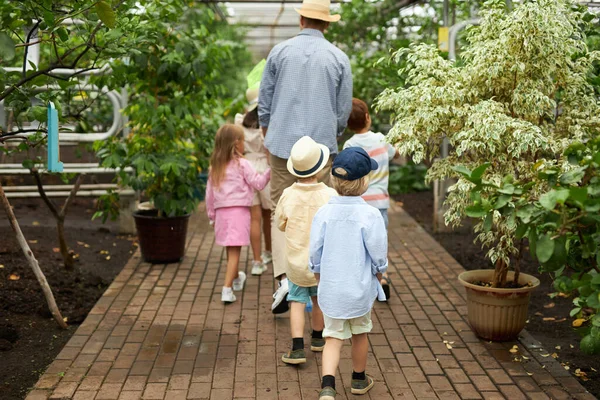 Glad multietnisk grupp av barn ha kul, gå i trädgården eller växthus — Stockfoto