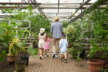 Bir grup çocuk öğretmen ile birlikte serada yürüyor.