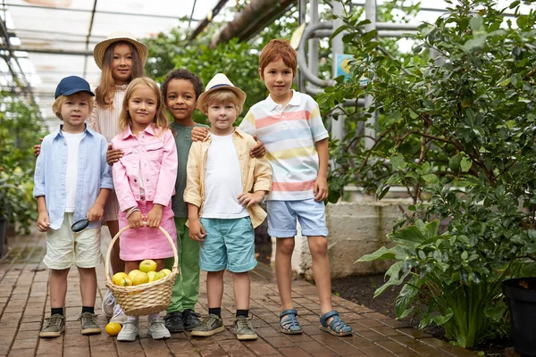 Group of diverse kindergarten kids friends in garden, greenhouse — Stock Photo, Image