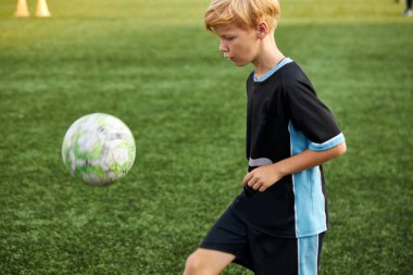 Futbol toplu genç çocuk yeşil çim arka planda hareket ediyor.