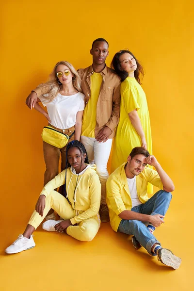 Grupo de amigos multiétnicos, pessoas de diferentes culturas isoladas em fundo amarelo — Fotografia de Stock