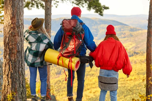 Visão traseira em três amigos em pé no pico das montanhas — Fotografia de Stock