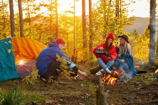 Campeggio tenda campeggio nella natura felici amici caucasici in autunno nella foresta naturale, escursione — Foto Stock
