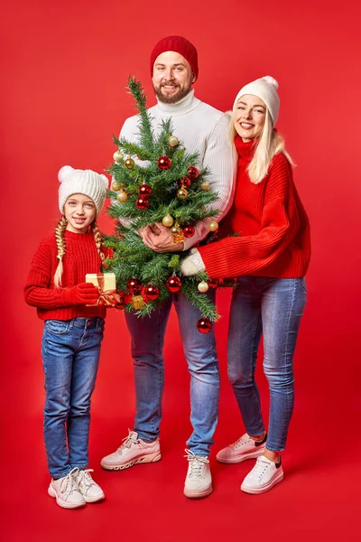 Молодые родители и их маленькая дочь в зимней одежде собираются праздновать Новый год — стоковое фото