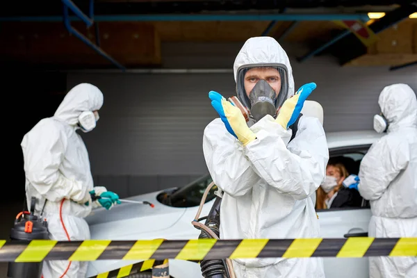 Coronavirus quarantine. disinfection and decontamination in a public place — Stock Photo, Image