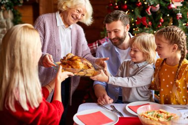 Güzel büyükanne Noel masasına tavuk getirir.
