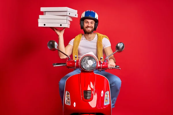 delivery courier man on scooter with driving fast to customers, holding orders