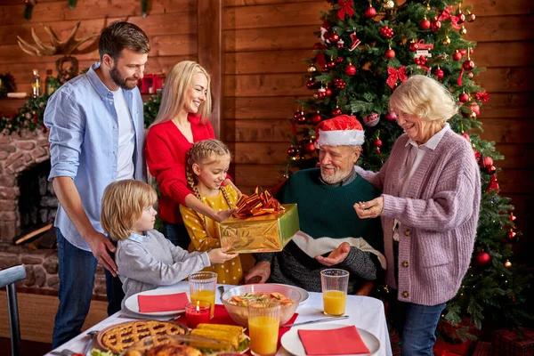 Familia emocionada felicitándose mutuamente con Navidad o año nuevo —  Fotos de Stock