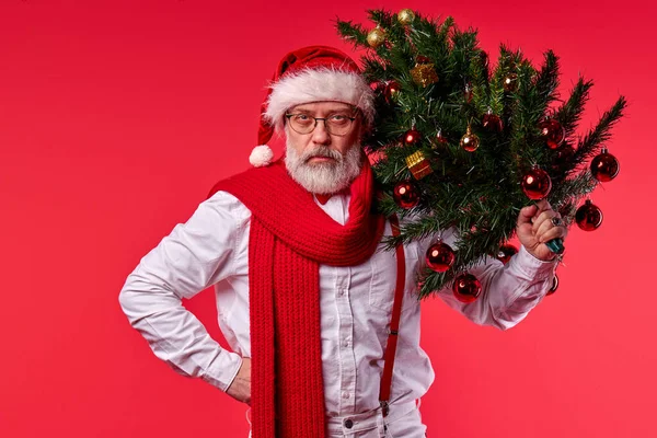 Confiante caucasiano santa hipster homem em branco jumper e chapéu vermelho carregando árvore festal — Fotografia de Stock