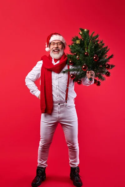 Весёлый хипстер-фанатик, пожилой мужчина с новогодней елкой в руках — стоковое фото